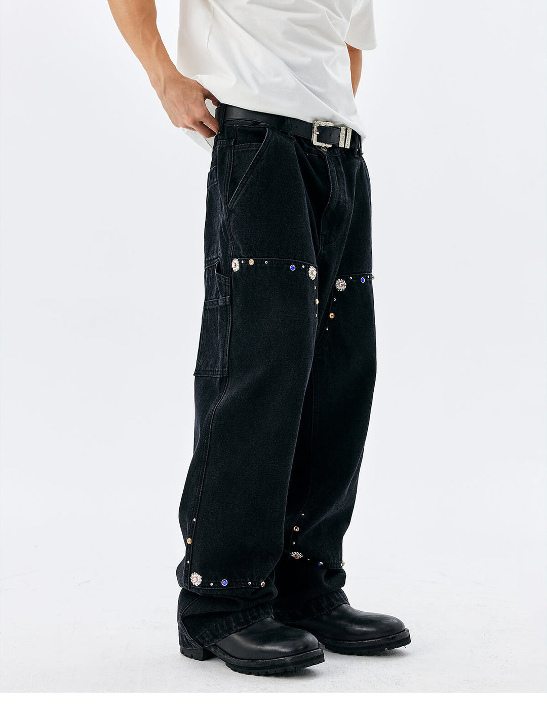 MEDM Gemstone Studded Double Knee Washed Jeans | Face 3 Face