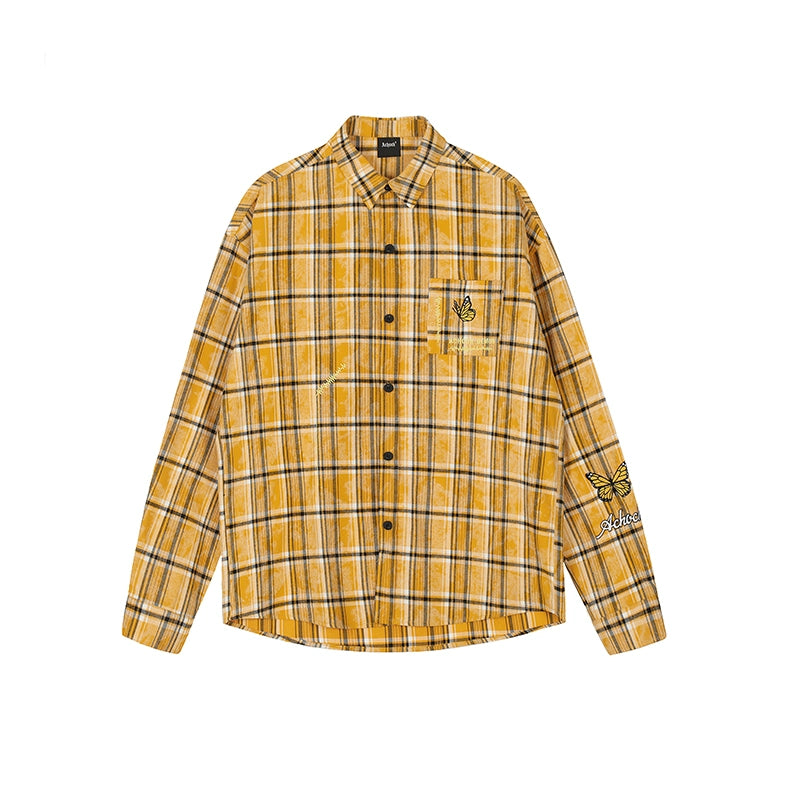 Achock Washed Plaid Butterfly Embroidery Long Sleeved Shirt | Face 3 Face