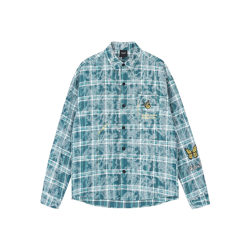 Achock Washed Plaid Butterfly Embroidery Long Sleeved Shirt | Face 3 Face