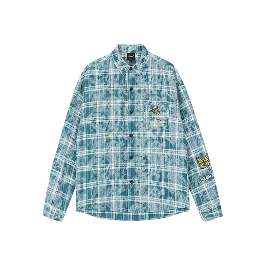 Achock Washed Plaid Butterfly Embroidery Long Sleeved Shirt | Face 3 Face