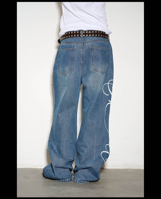 NOVACAM Vintage Washed Letter Print Flared Jeans | Face 3 Face
