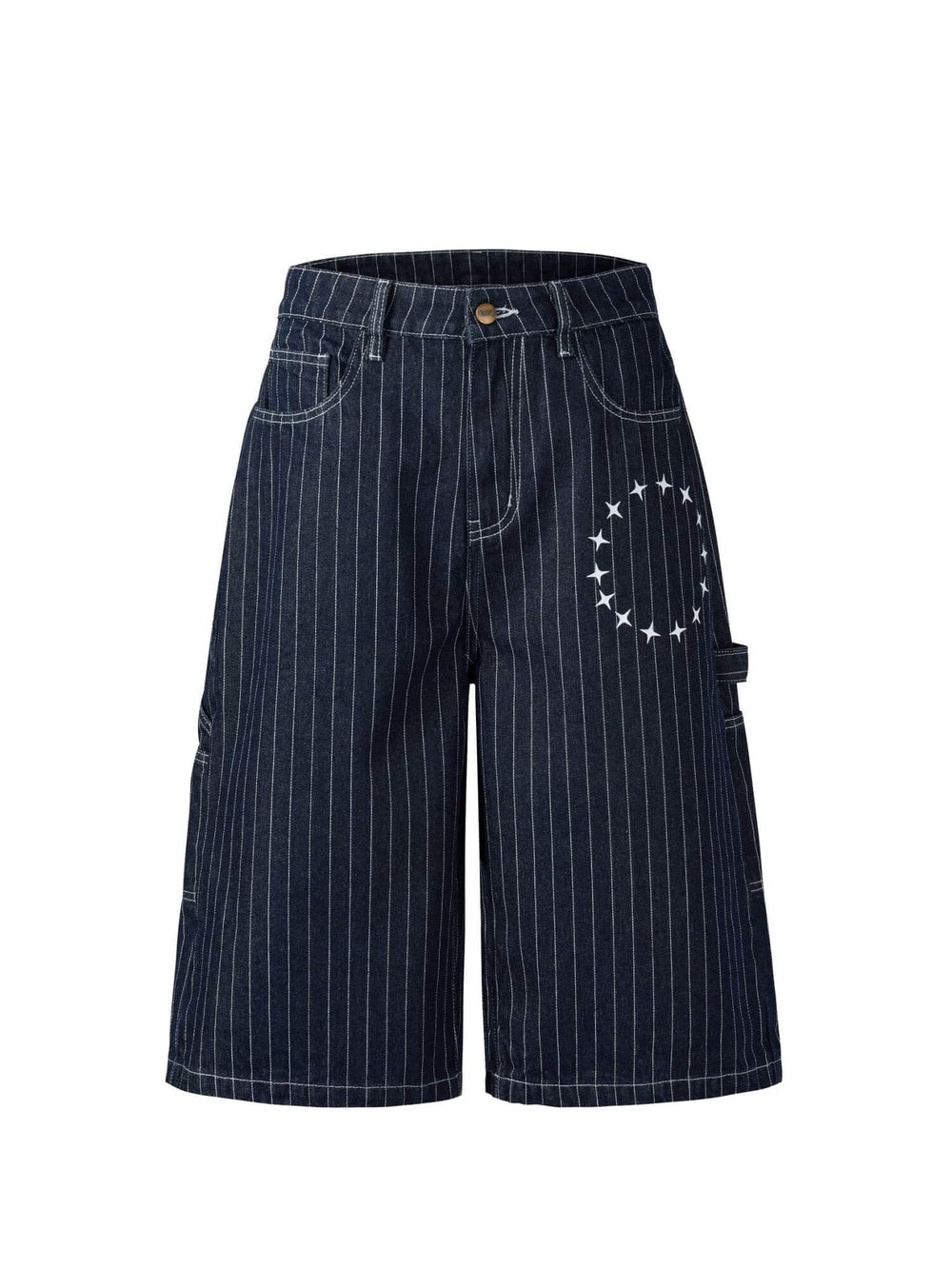 NOVACAM Circle Star Print Pinstripe Baggy Denim Shorts | Face 3 Face