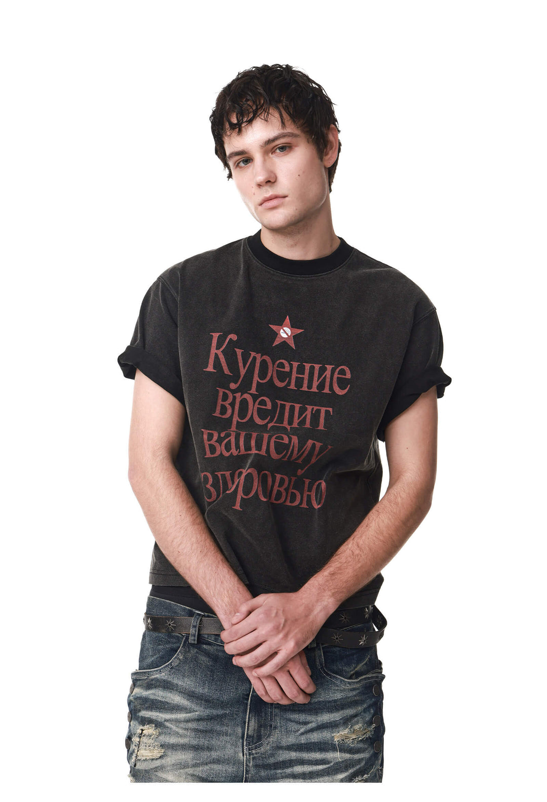 ANTIDOTE Cyrillic Letter Print Washed Short Sleeve Tee | Face 3 Face