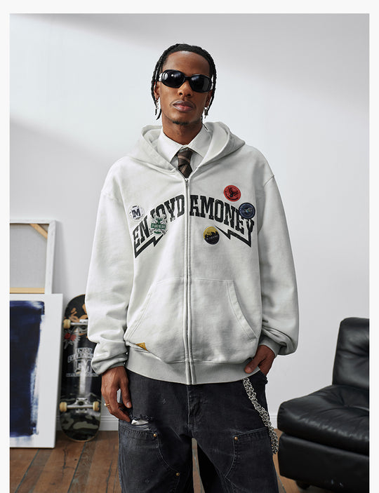 MEDM Gradient Washed Logo Print Embroidered Patch Zip-Up Hoodie | Face 3 Face