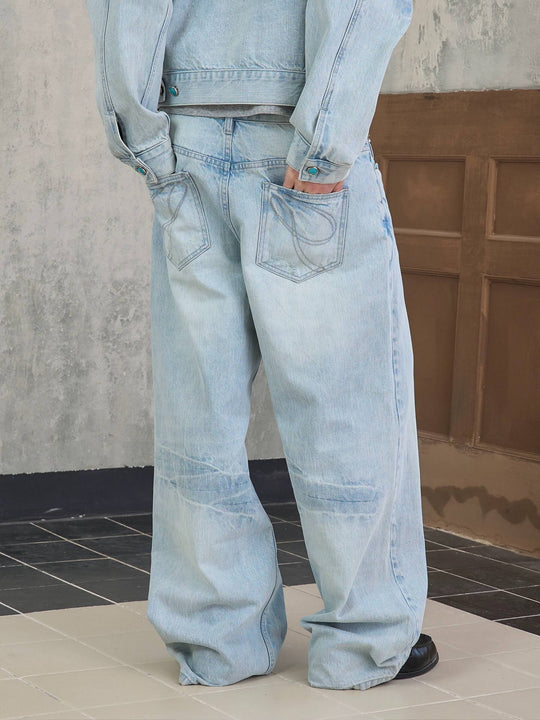 S45 Light Blue Heavy Washed Turquoise Button Flared Jeans
