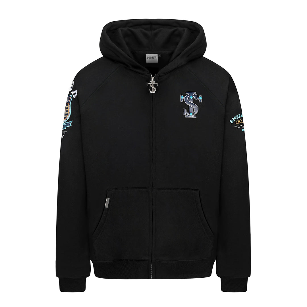 Small Town Kid Turquoise Studded Badge Embroidered Zip-Up Hoodie | Face 3 Face
