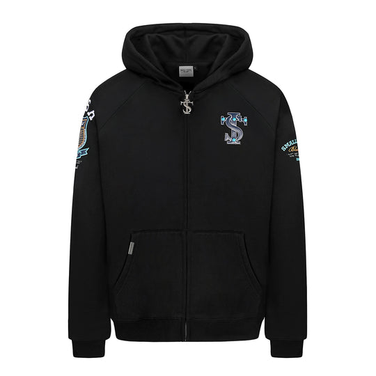 Small Town Kid Turquoise Studded Badge Embroidered Zip-Up Hoodie | Face 3 Face