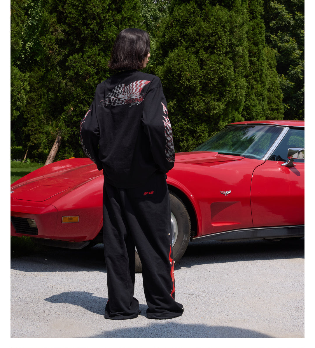 S45 Checkered Flag Flame Print Long Sleeve Tee | Face 3 Face