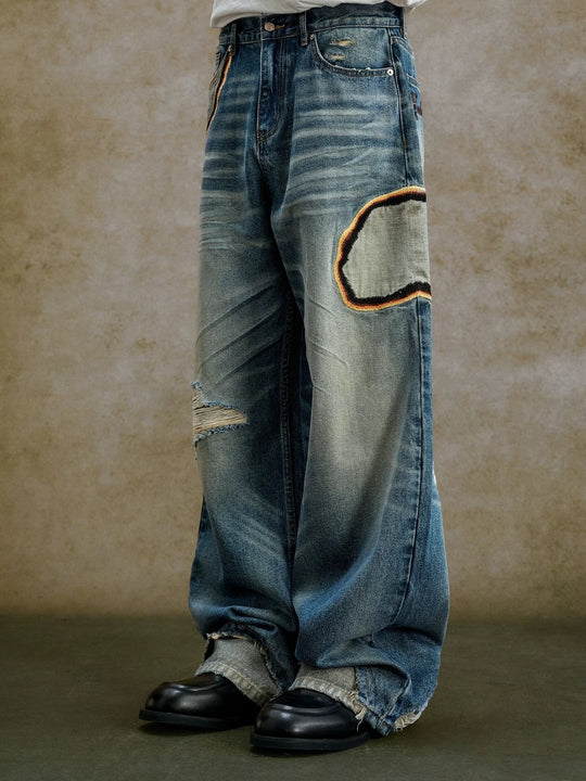 YADcrew Scorched Embroidery Washed Distressed Whisker Jeans | Face 3 Face