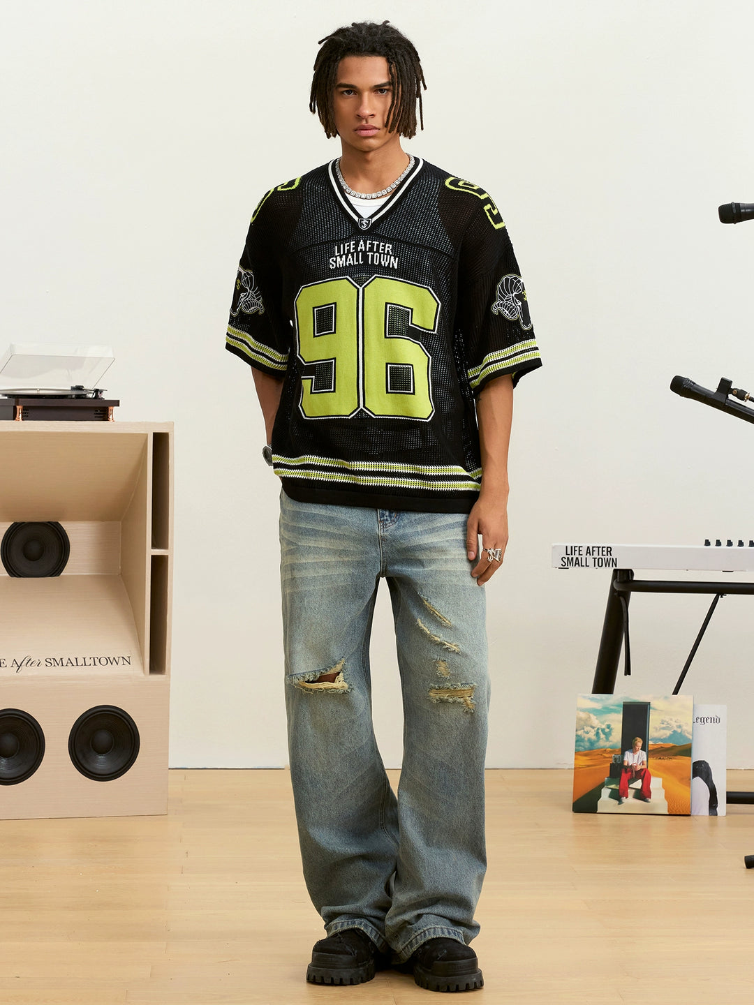 Small Town Kid Mesh Knit V Neck Rugby Jersey | Face 3 Face