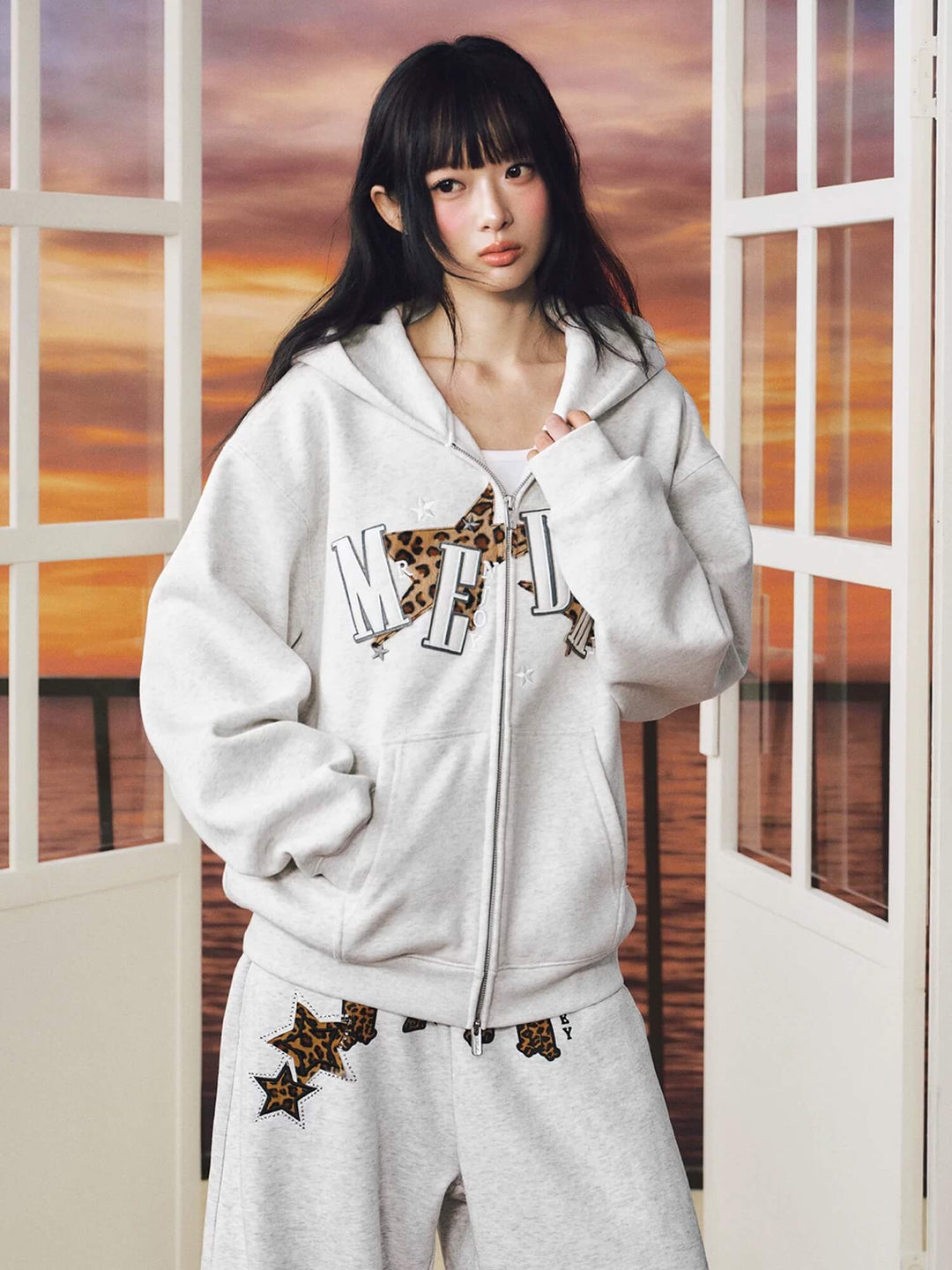 MEDM Leopard Print Star Patch Logo Embroidered Zip Up Hoodie | Face 3 Face