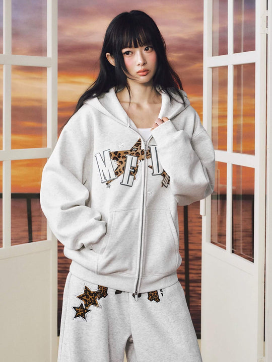 MEDM Leopard Print Star Patch Logo Embroidered Zip Up Hoodie | Face 3 Face