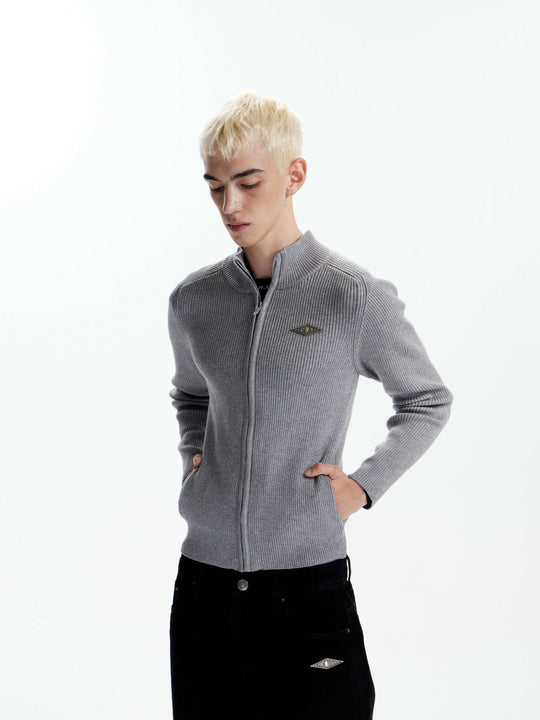 KARMANISTIC Metal Logo Badge Slim Fit Zip Up Knit Sweater | Face 3 Face