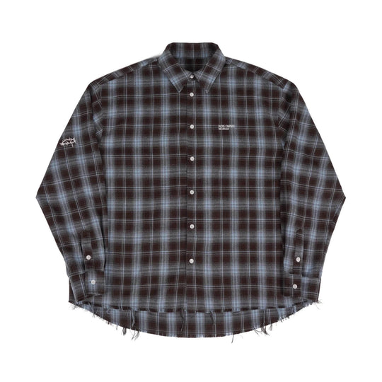 UNDERWATER Blue Brushed Plaid Raw Hem Long Sleeve Flannel Shirt | Face 3 Face