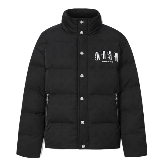 MEDM Flip Logo Full Print Rose Button Embroidery Down Jacket | Face 3 Face