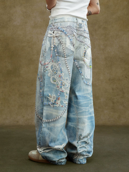 YADcrew Lace Color Bead Chain Photorealistic Print Jeans | Face 3 Face