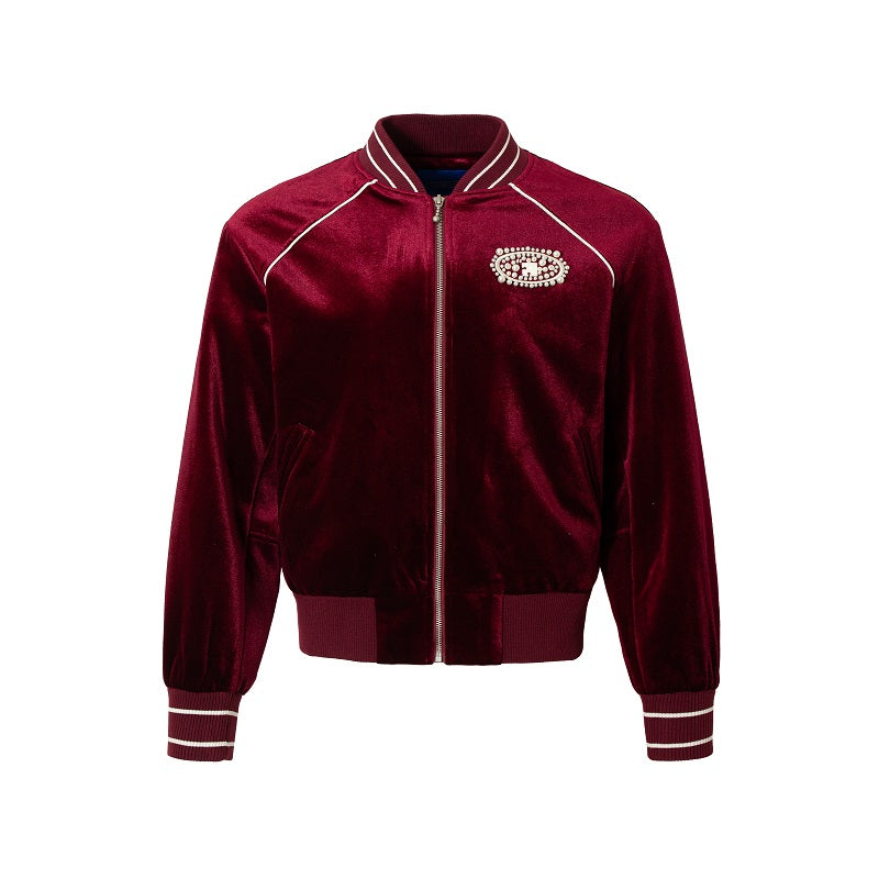 YADcrew Red Velvet Pearl-Embroidered Bomber Jacket | Face 3 Face