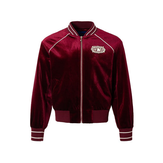 YADcrew Red Velvet Pearl-Embroidered Bomber Jacket | Face 3 Face