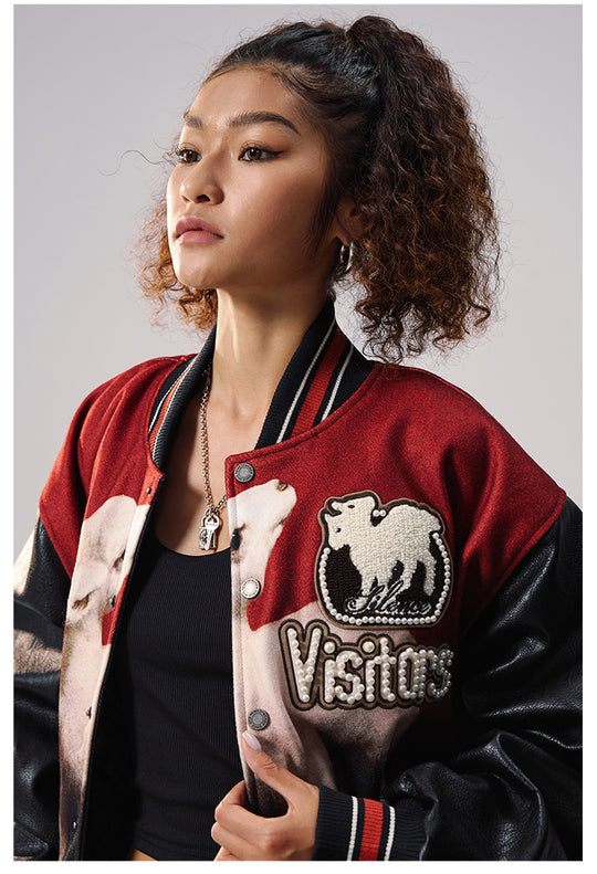 Remedy Sheep Full Print Pearl Embroidered Varsity Jacket | Face 3 Face