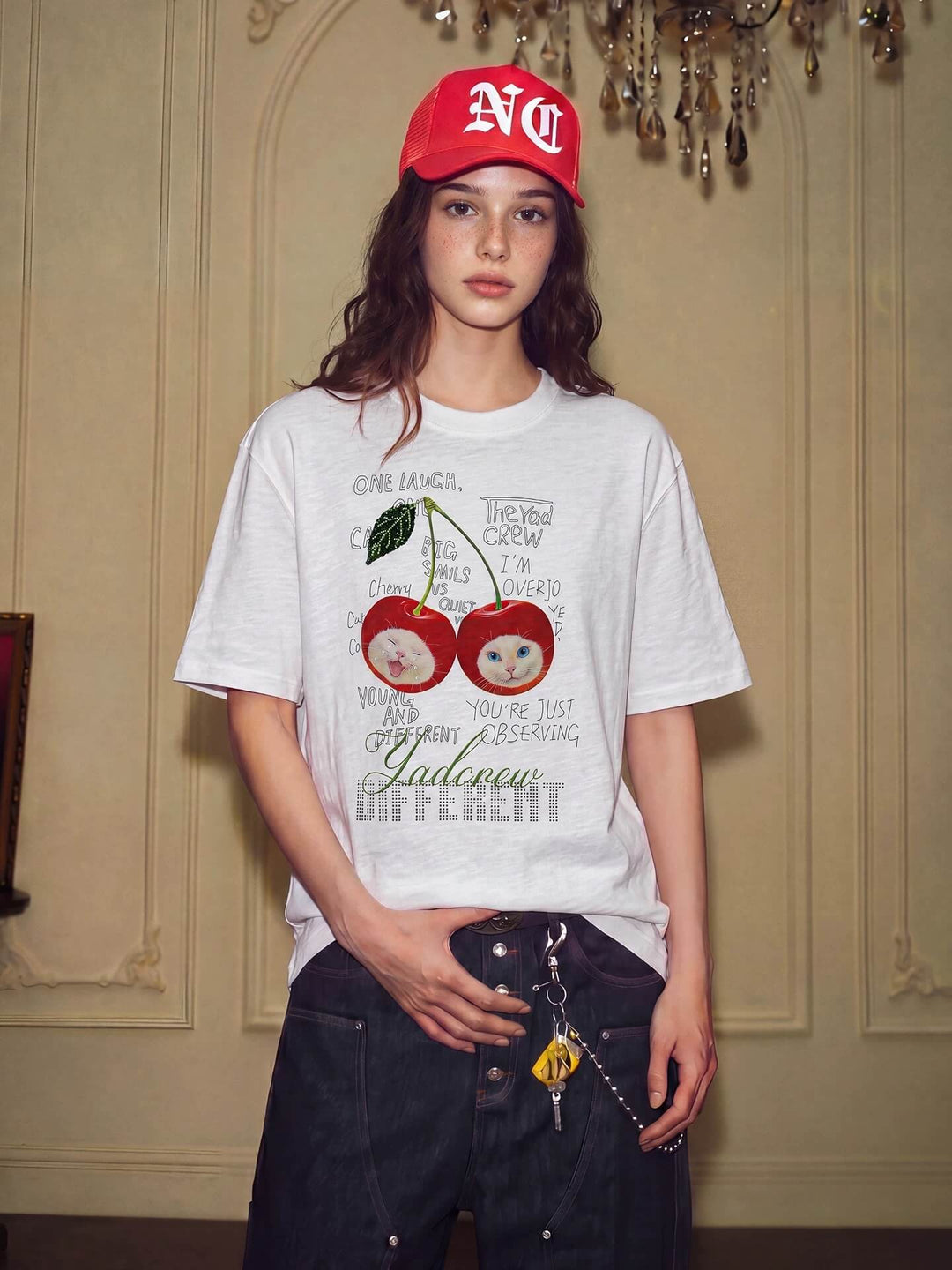 YADcrew Cherry Cat Print Bead and Rhinestone Tee | Face 3 Face