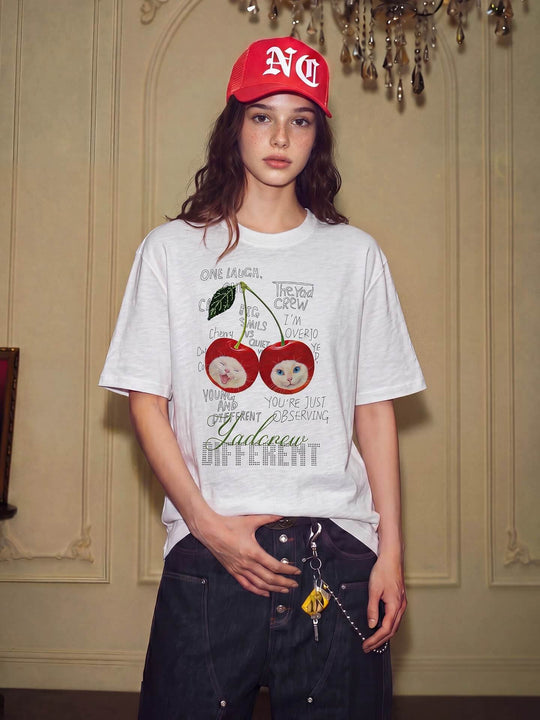 YADcrew Cherry Cat Print Bead and Rhinestone Tee | Face 3 Face