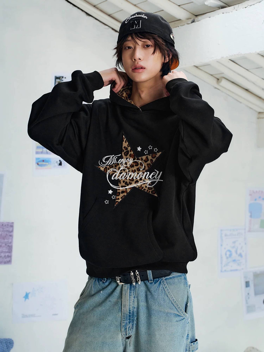 MEDM Leopard Hood Lining Star Patch Logo Hoodie