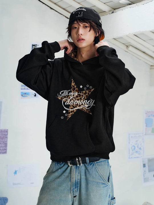 MEDM Leopard Hood Lining Star Patch Logo Hoodie