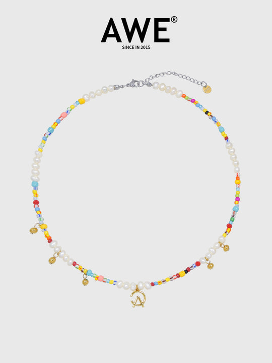 AWE AE Word Charm Color Beaded Pearl Necklace | Face 3 Face