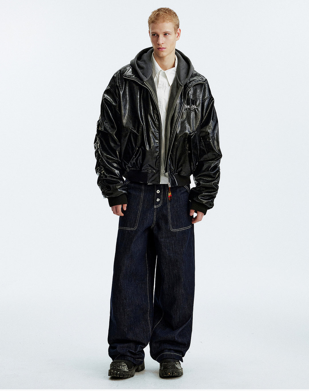 MEDM Layered Hood PU Leather Bomber Jacket | Face 3 Face