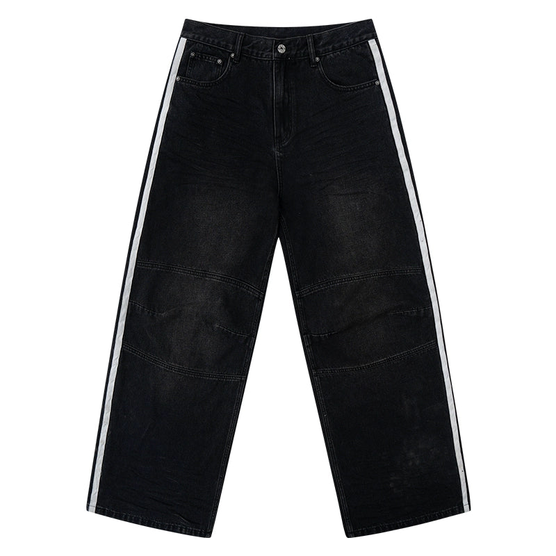 BLIND NO PLAN Washed Distressed Color-Blocked Striped Baggy Jeans | Face 3 Face