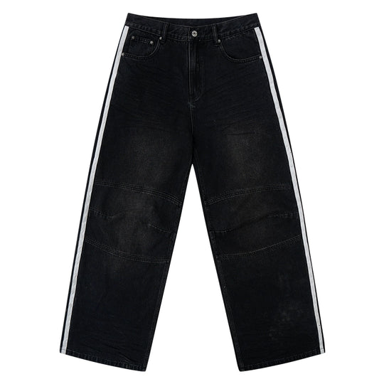 BLIND NO PLAN Washed Distressed Color-Blocked Striped Baggy Jeans | Face 3 Face