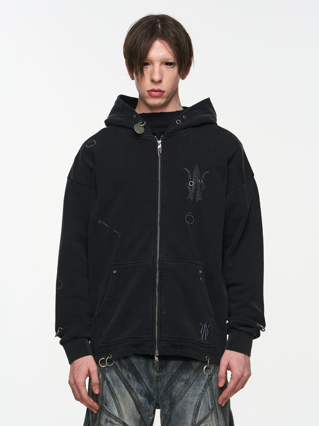 BLIND NO PLAN Washed Print Metal Detail Zip-Up Hoodie | Face 3 Face