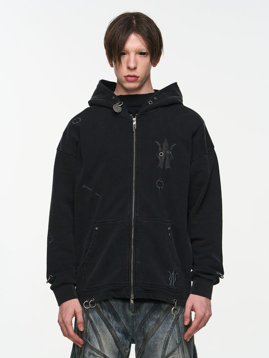 BLIND NO PLAN Washed Print Metal Detail Zip-Up Hoodie | Face 3 Face