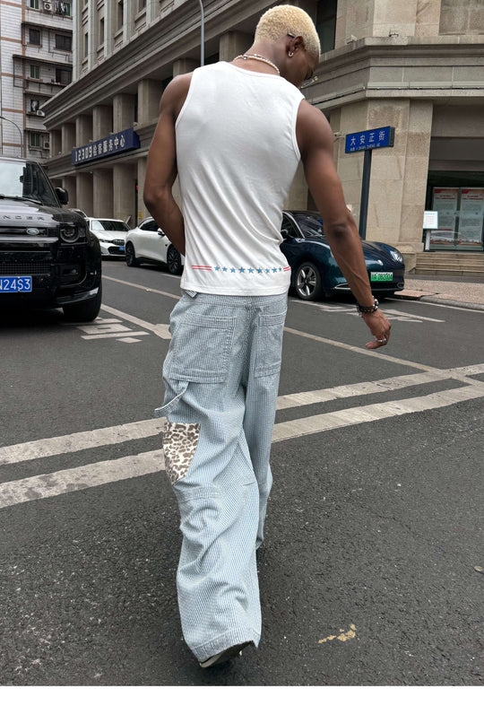 STEEPC Leopard Print Double Knee Hickory Stripe Baggy Pants | Face 3 Face
