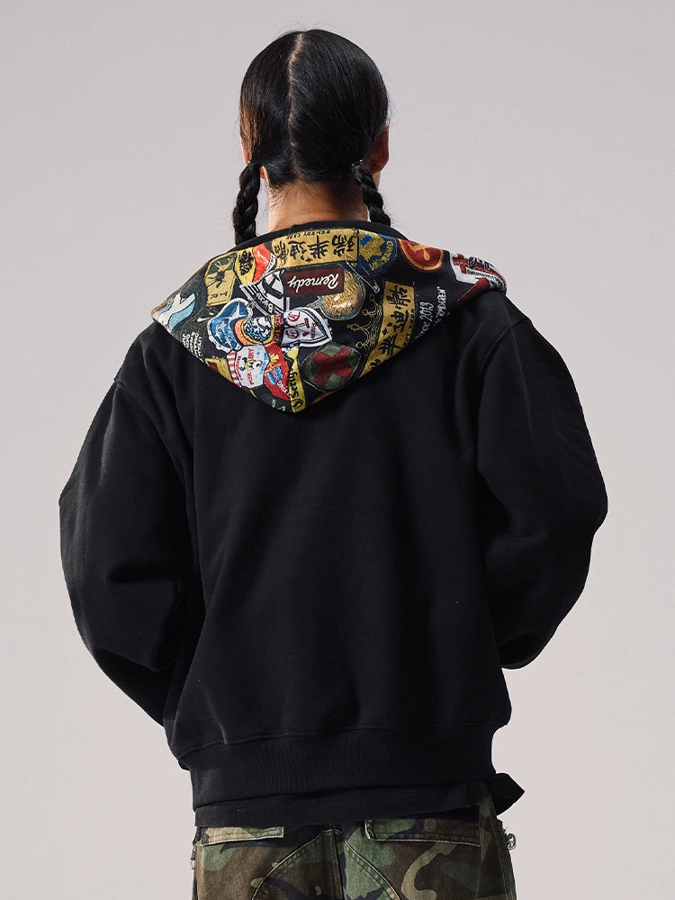 Remedy Badge Print Hood Zip Up Hoodie | Face 3 Face