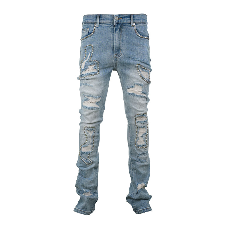 TGFCLUB Stud Beads Hole Washed Slim Fit Jeans | Face 3 Face
