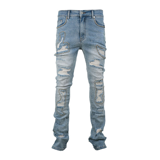 TGFCLUB Stud Beads Hole Washed Slim Fit Jeans | Face 3 Face