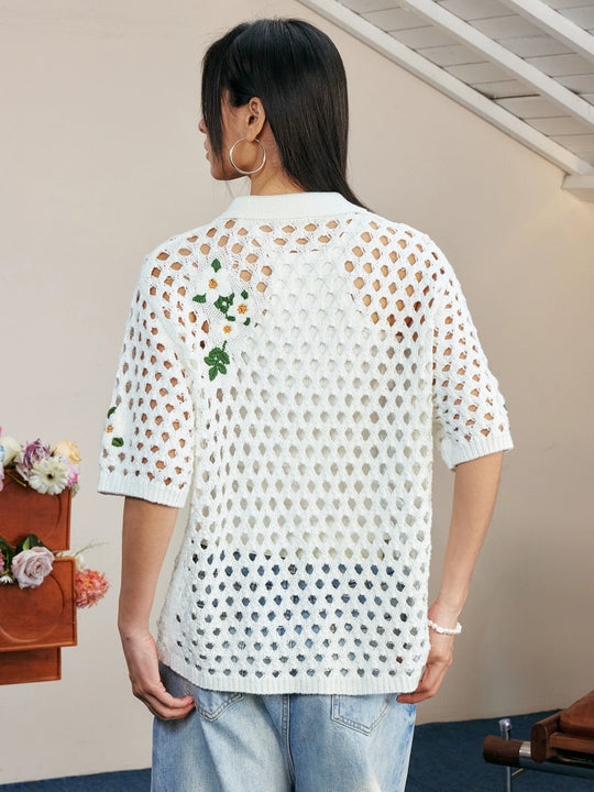 MEDM Flower Embroidery Open Knit Short Sleeve Shirt | Face 3 Face