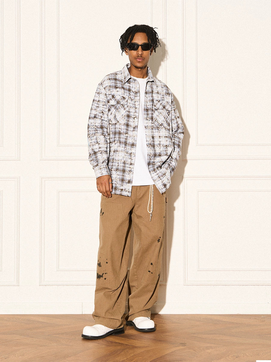 EMPTY REFERENCE Mottled Flame Printed Old Plaid Long Sleeve Shirt