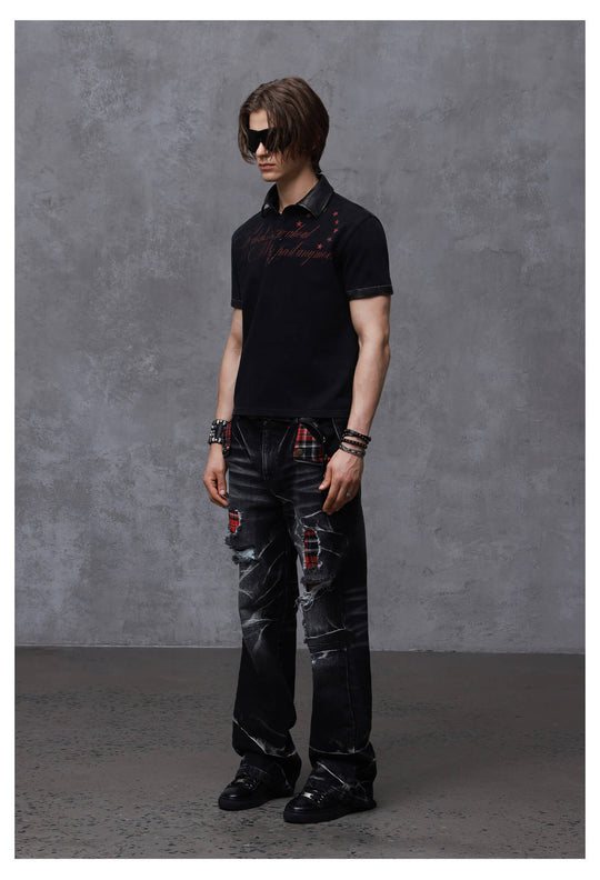 ANTIDOTE Washed Leather Collar Short Sleeve Polo