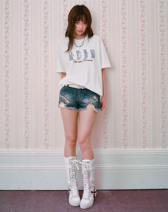 MEDM Distressed Denim Logo Patch Studded Short Sleeve Tee | Face 3 Face