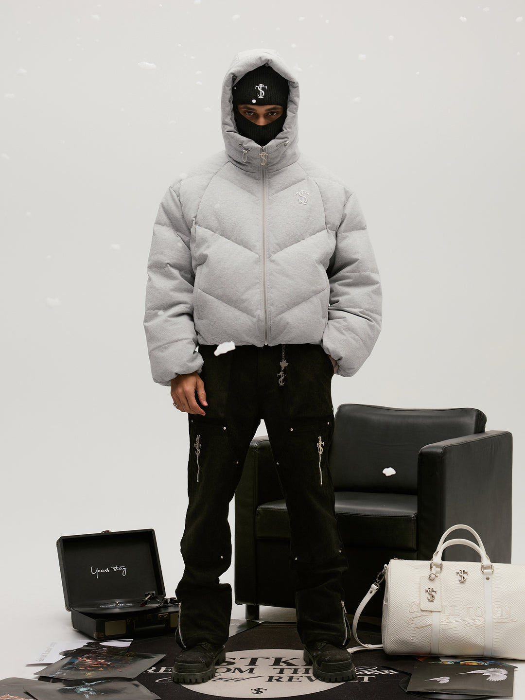 Small Town Kid Floral Gray Deconstructed Hooded Down Jacket | Face 3 Face