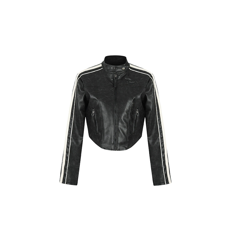 Biker jacket | Achock Girls' Striped Leather Short Motorcycle Jacket | Face 3 Face