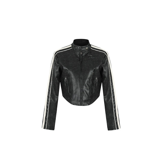 Biker jacket | Achock Girls' Striped Leather Short Motorcycle Jacket | Face 3 Face