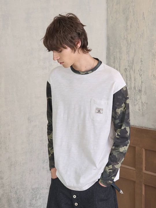 S45 Camouflage Sleeve Color Block Long Sleeve Tee