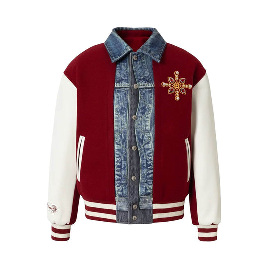 YADcrew Pearl Studded Digital Denim Varsity Jacket | Face 3 Face