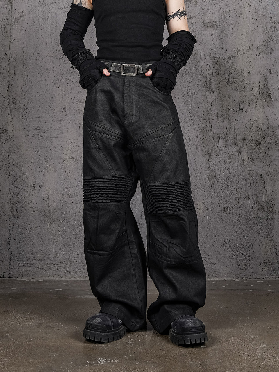 UNDERWATER Black Waxed Biker Wide Leg Bootcut Jeans | Face 3 Face