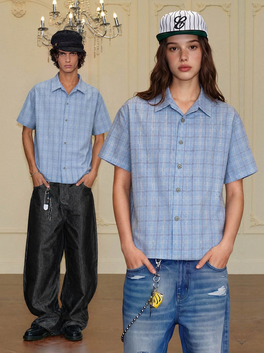 YADcrew All Over Rhinestone Plaid Short Sleeve Shirt | Face 3 Face