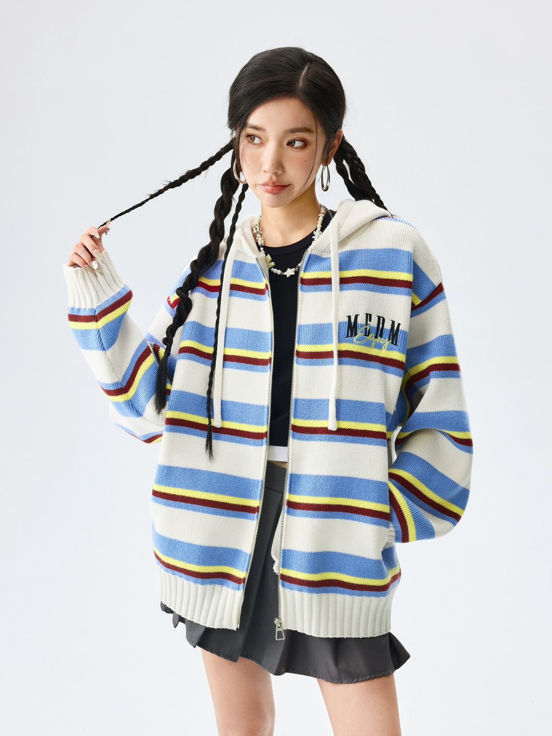 MEDM Colorful Stripes Zip-Up Knit Hoodie | Face 3 Face