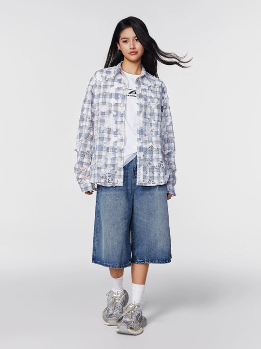 Achock Holes Lace Patches Plaid Long Sleeved Shirt | Face 3 Face